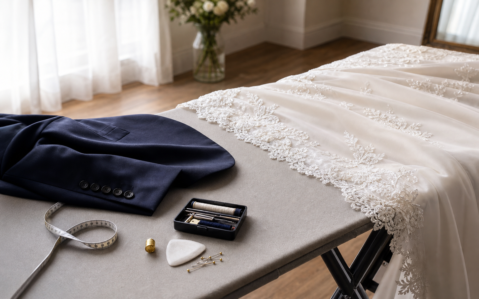 Wedding dress fabric, suit cloth, tailor chalk, pins, and measuring tape on a fitting table